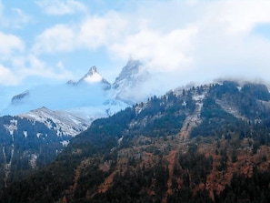 Eine Berglandschaft mit schneebedeckten Gipfeln und einem bewaldeten Tal.