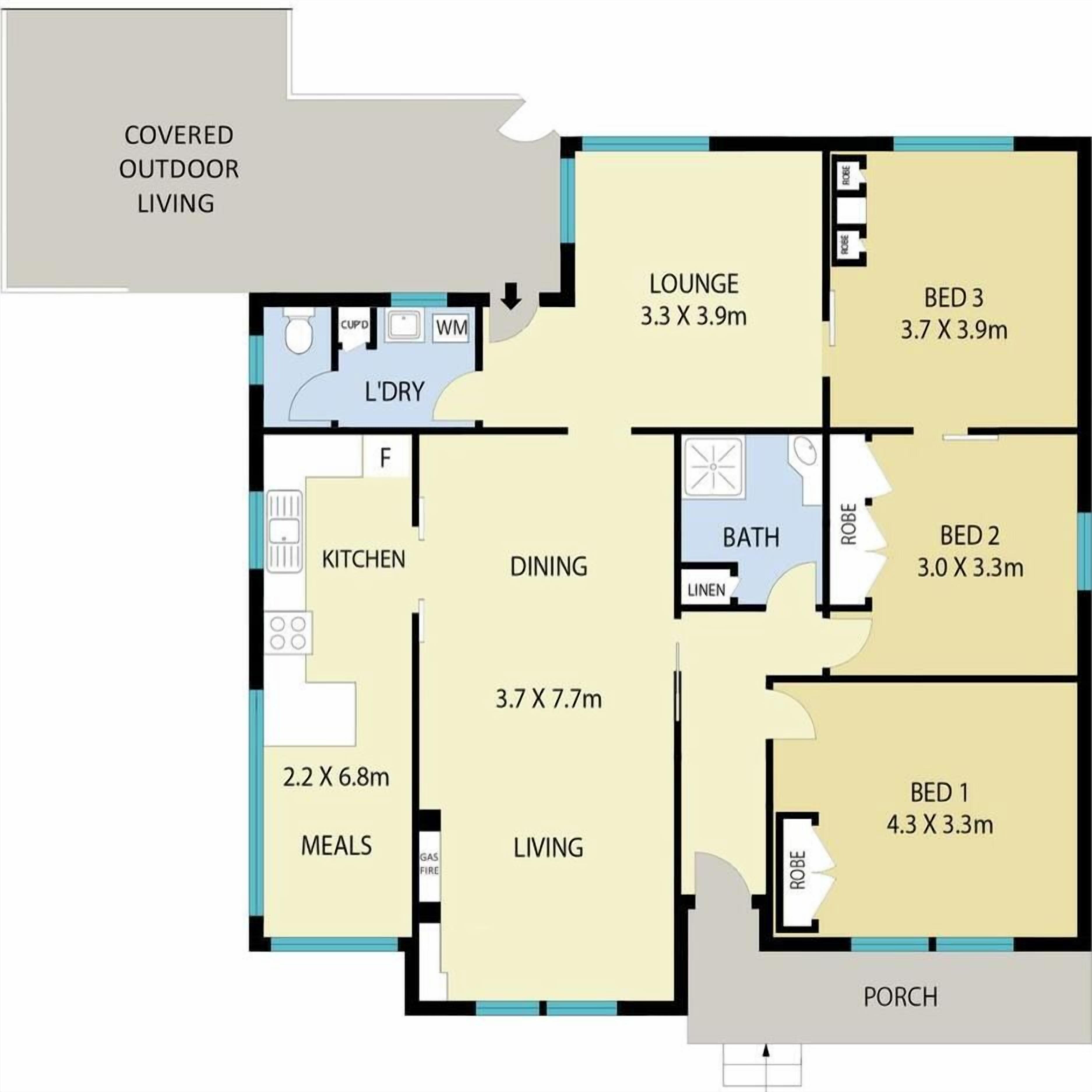A floor plan with a covered outdoor living area, a lounge, three bedrooms, a dining area, a kitchen, a bathroom, and a living room.
