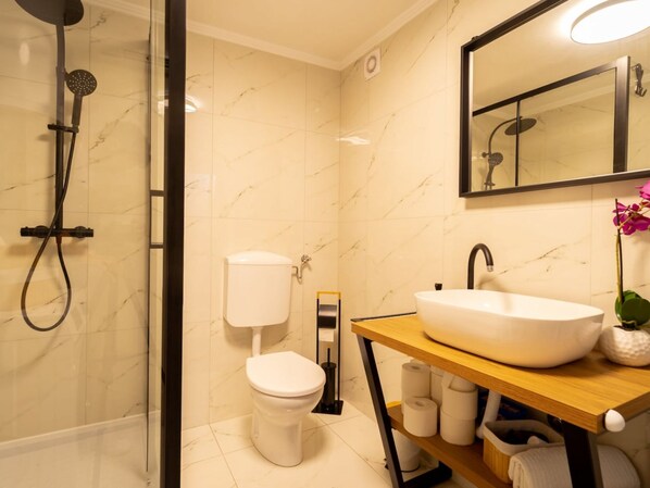 Ein modernes Badezimmer mit einer Duschkabine, einer Toilette, einem Waschbecken mit Spiegel und einem kleinen Ablagefach für Pflegeprodukte.