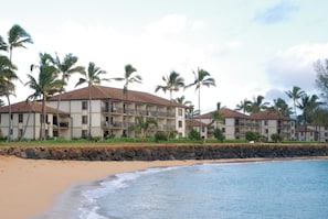 A beachfront hotel with multiple buildings, a sandy beach, and palm trees. - Wake up to the sunrise from your balcony - Oceanfront 1 BR condo Pono Kai Kapa'a (Kapaʻa)