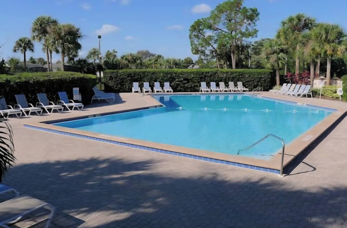 Una piscina rectangular con borde de azulejos, rodeada de sillas de descanso y un seto.