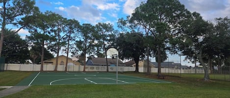 An outdoor basketball court with a green surface, surrounded by trees and a white fence.