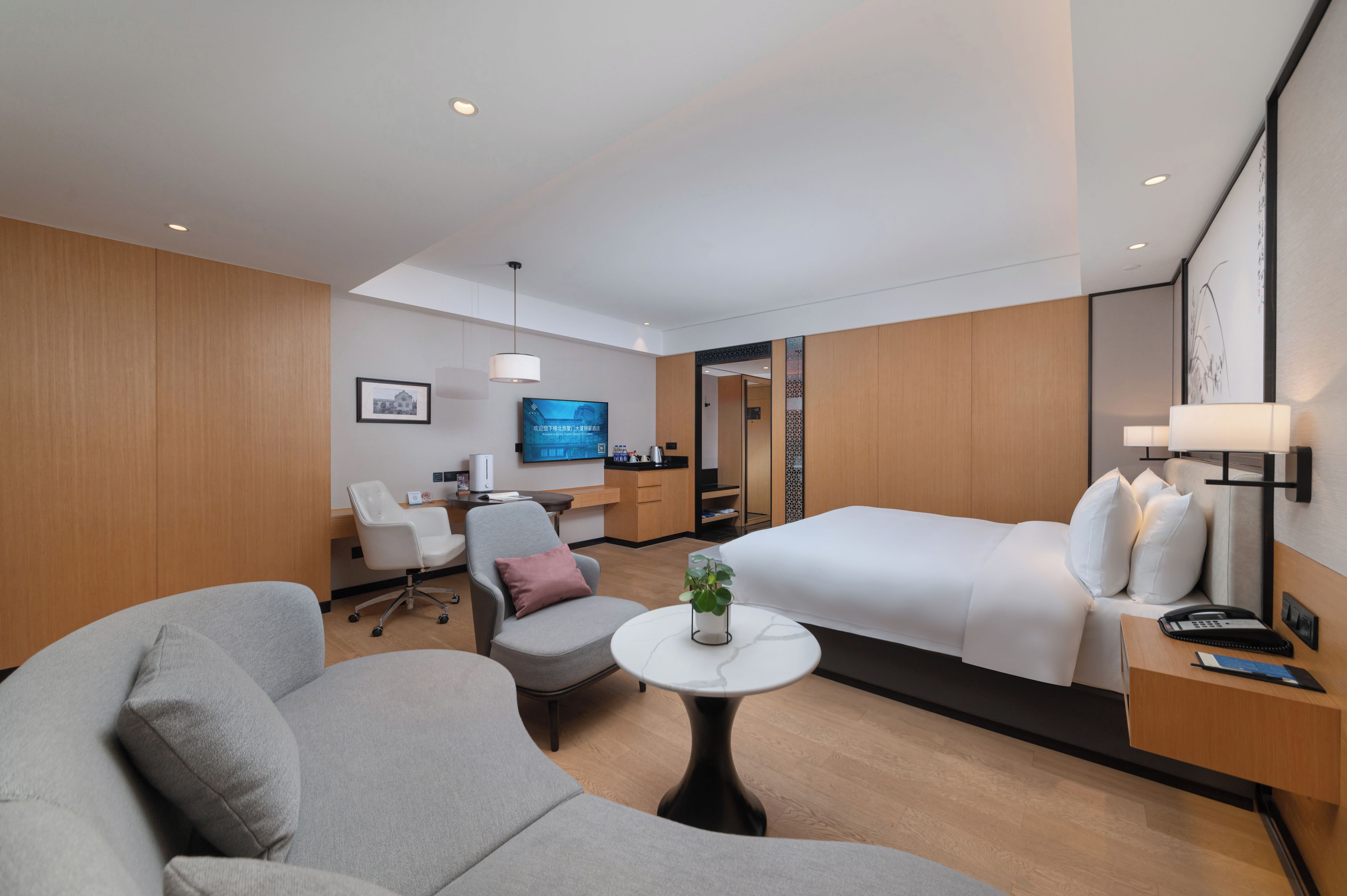 A hotel room with a bed, a desk, a chair, a television, and a small table with a plant.