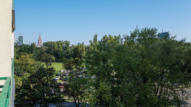 Vista di un parco con alberi e un edificio in lontananza con una torre dell'orologio.