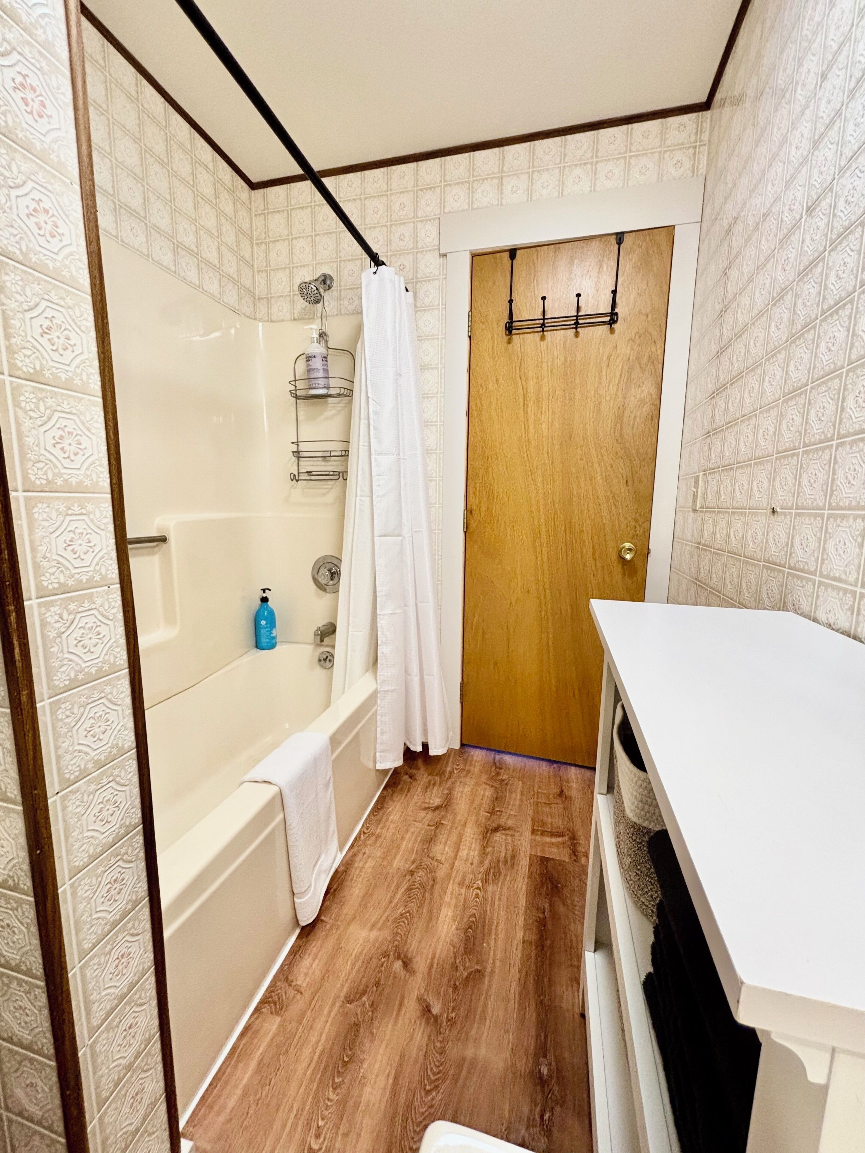 Hair dryer, towels, soap, toilet paper