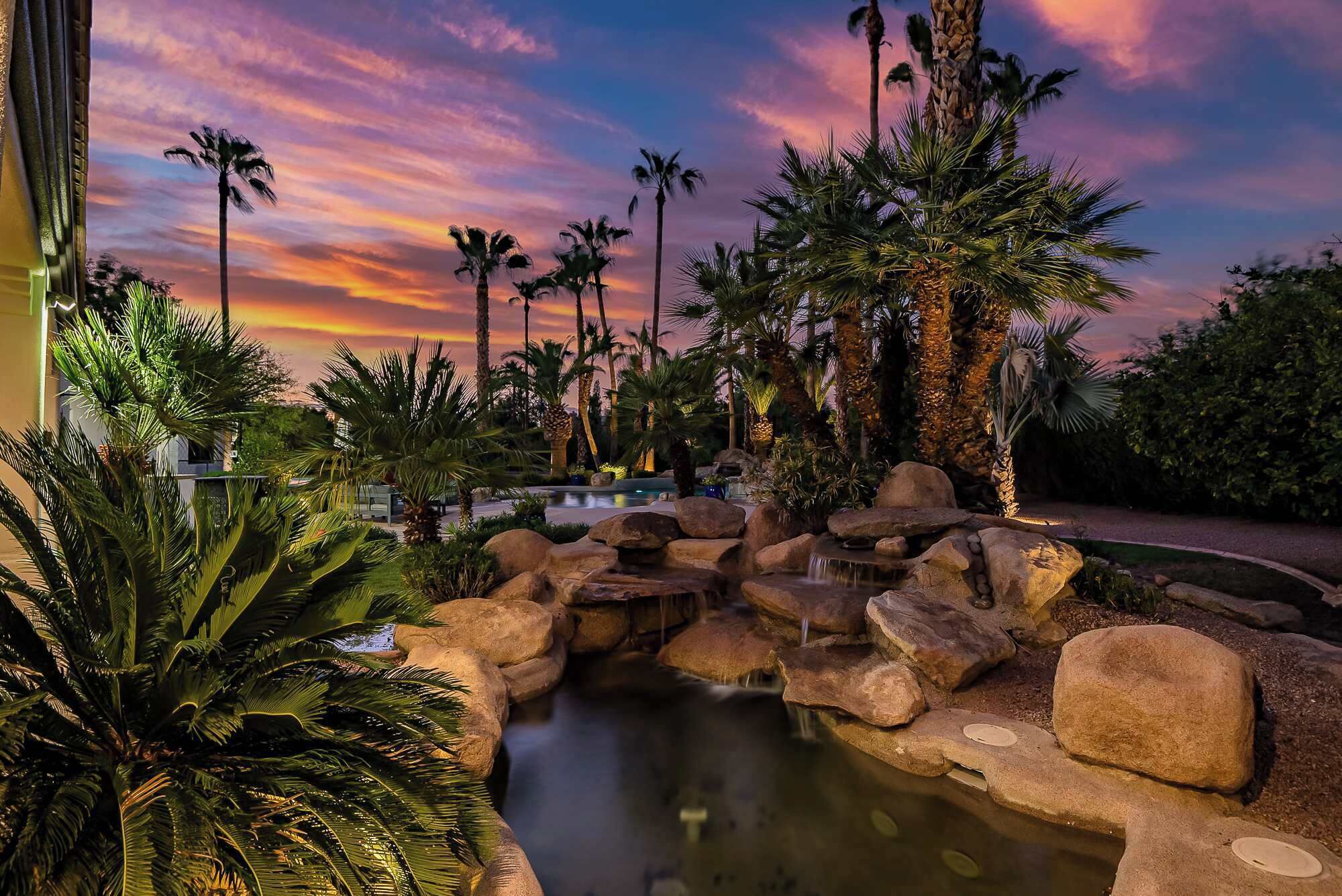 A landscaped area with a small water feature surrounded by rocks and palm trees.