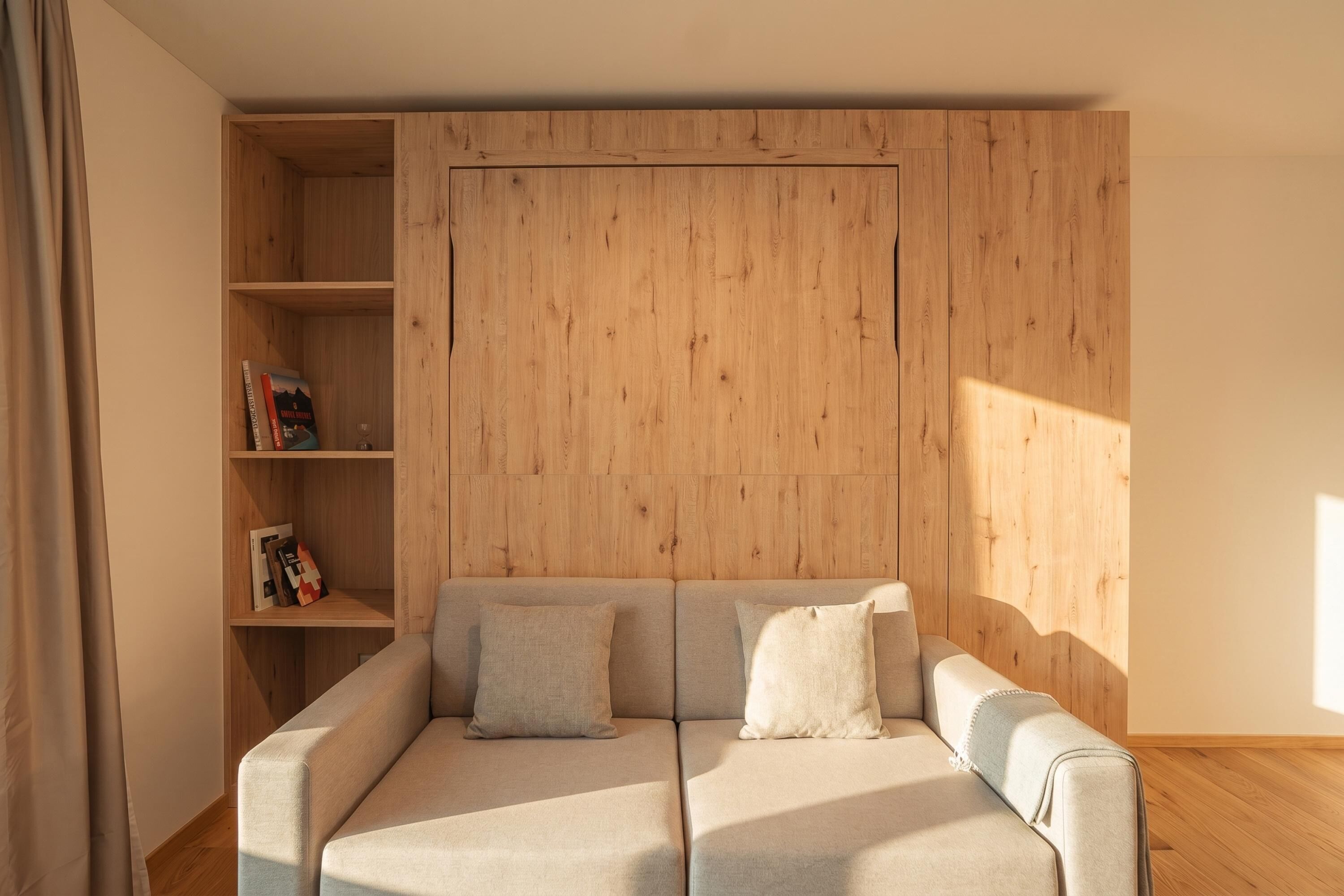 A modern living room with a sofa, a wooden bookshelf, and a large window.
