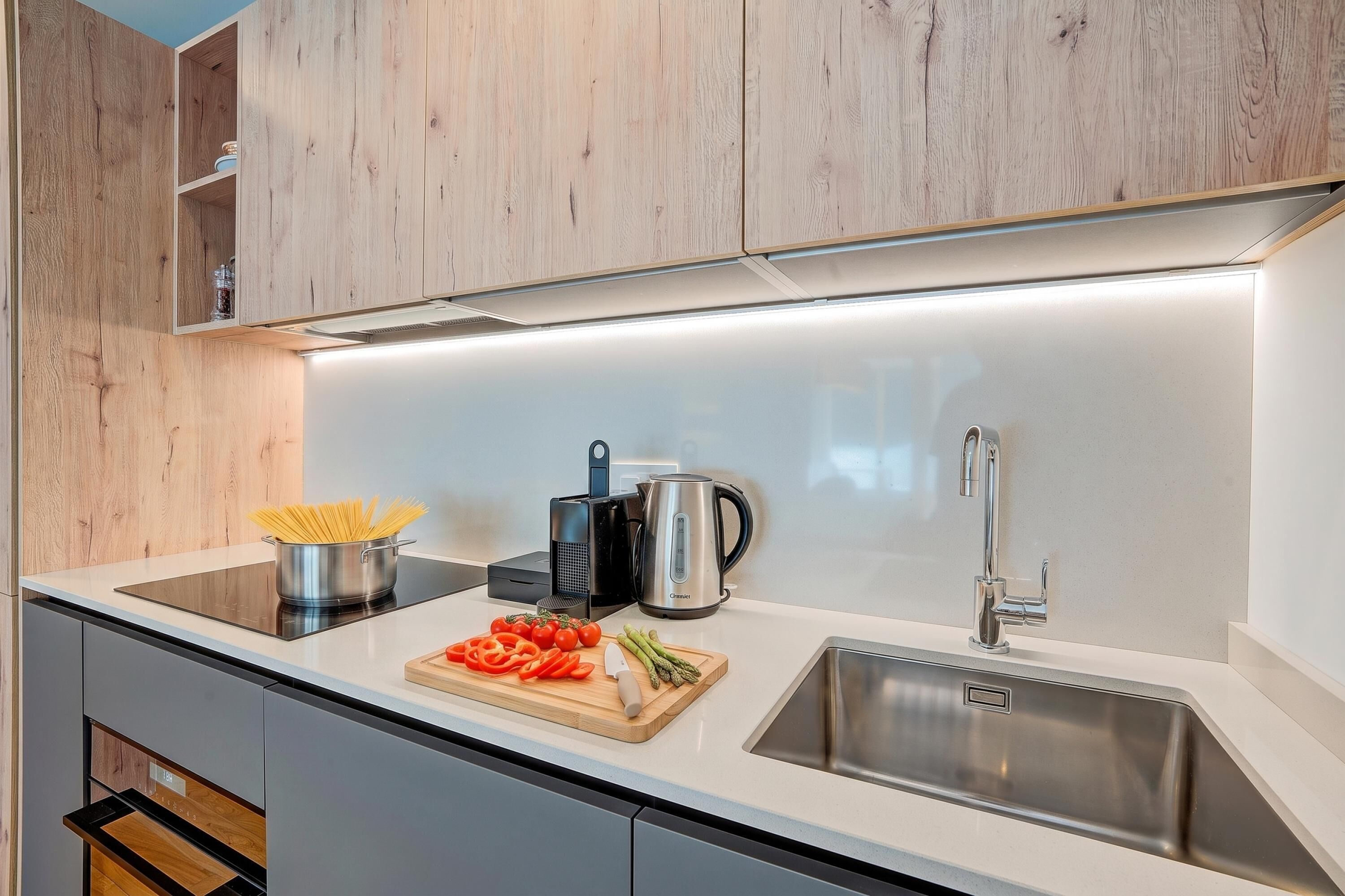Een moderne keuken met een roestvrijstalen spoelbak, een waterkoker en een snijplank met groenten.