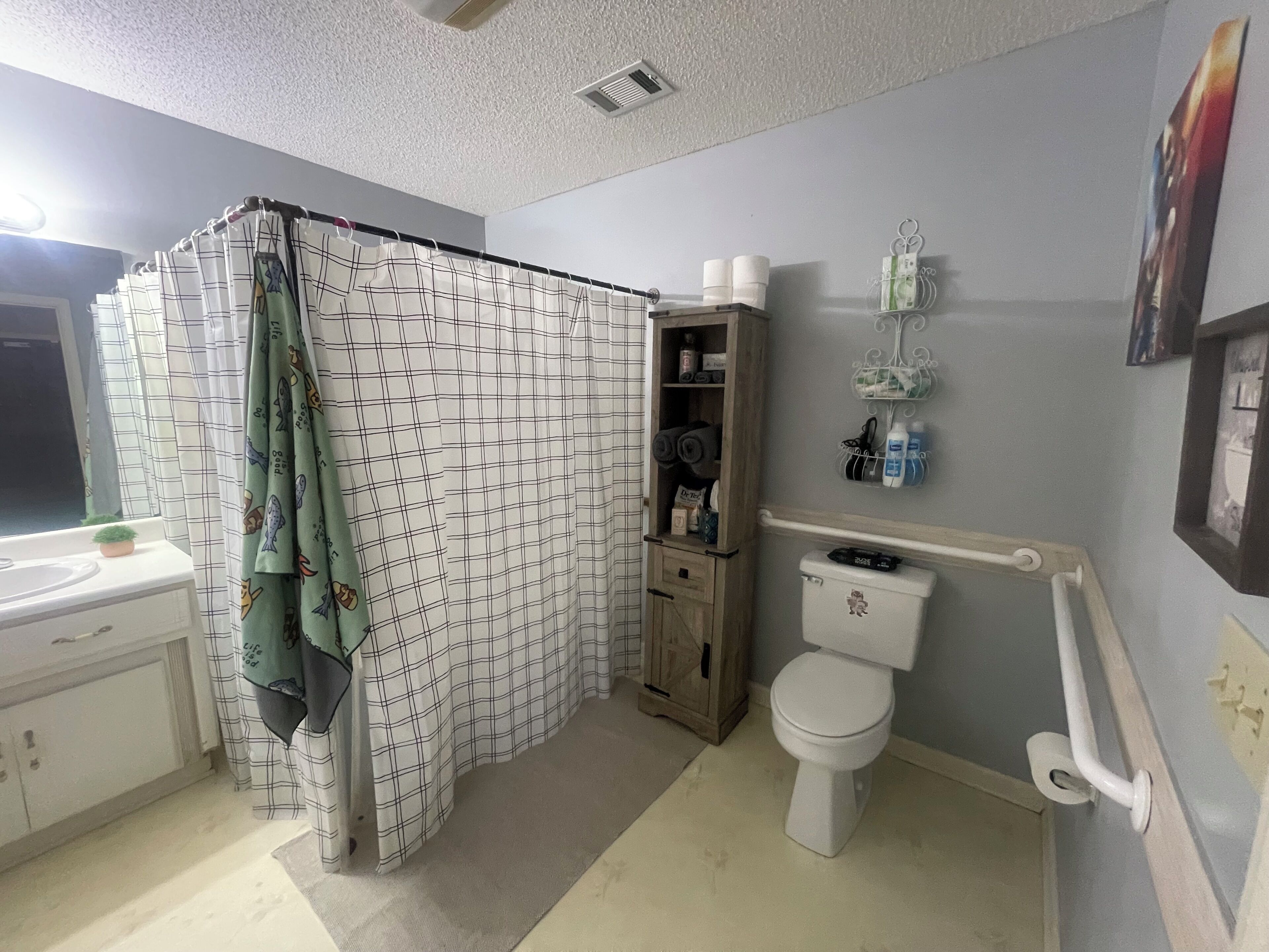 Hair dryer, towels, soap, toilet paper