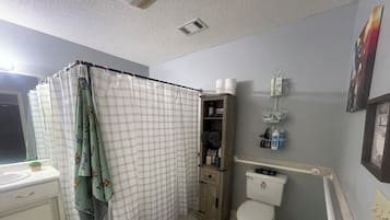 Hair dryer, towels, soap, toilet paper