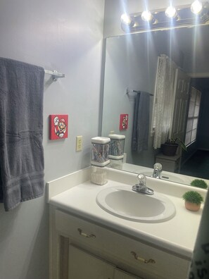 Hair dryer, towels, soap, toilet paper