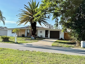 A single-story house with a front garage, a mailbox, and a palm tree. - Charming 3-bedroom house with pool in beautiful Palm Bay (Palm Bay)