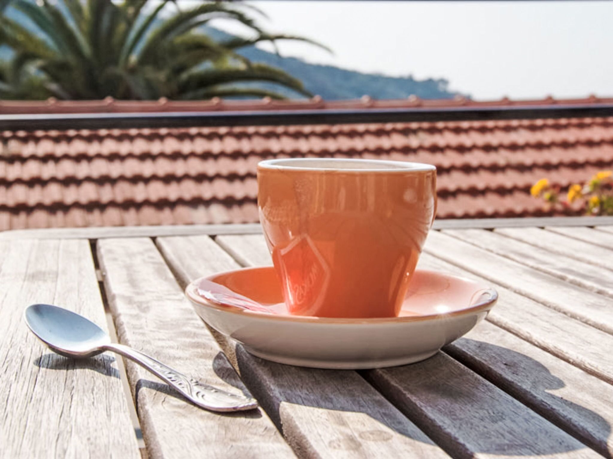 A ceramic cup and saucer on a wooden table with a spoon beside it.