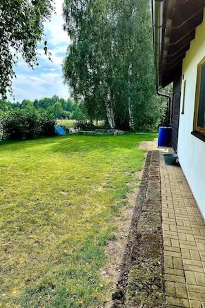 A grassy yard with a brick pathway leading to a building.