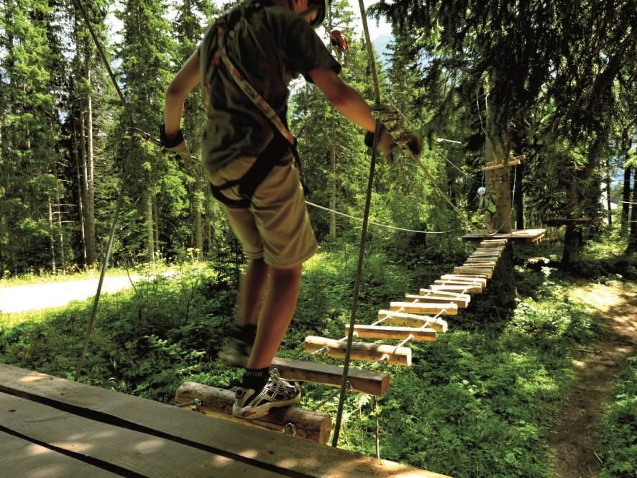 A person on a wooden bridge in a forested area.