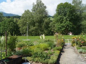 A garden pathway leading to a house with a fenced yard and various plants. - Schils, (Flums). 5 Zimmerhaus mit Bad/Dusche by Interhome (Flums)