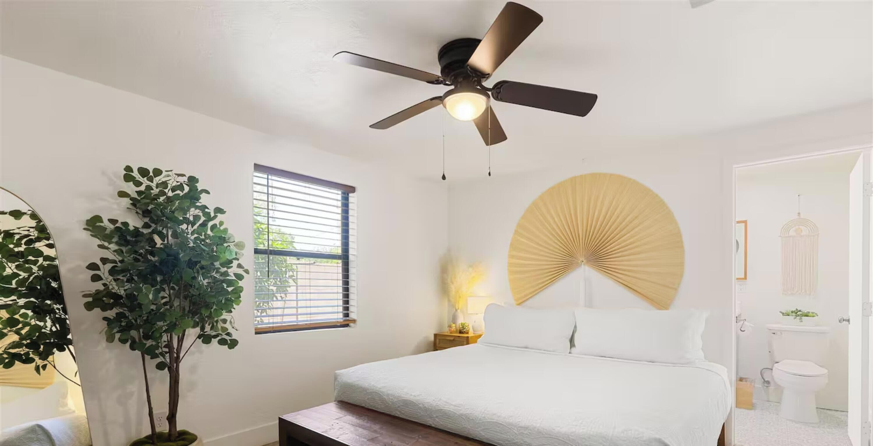 A bedroom with a bed, a ceiling fan, a window, a wall-mounted fan, and a potted plant.