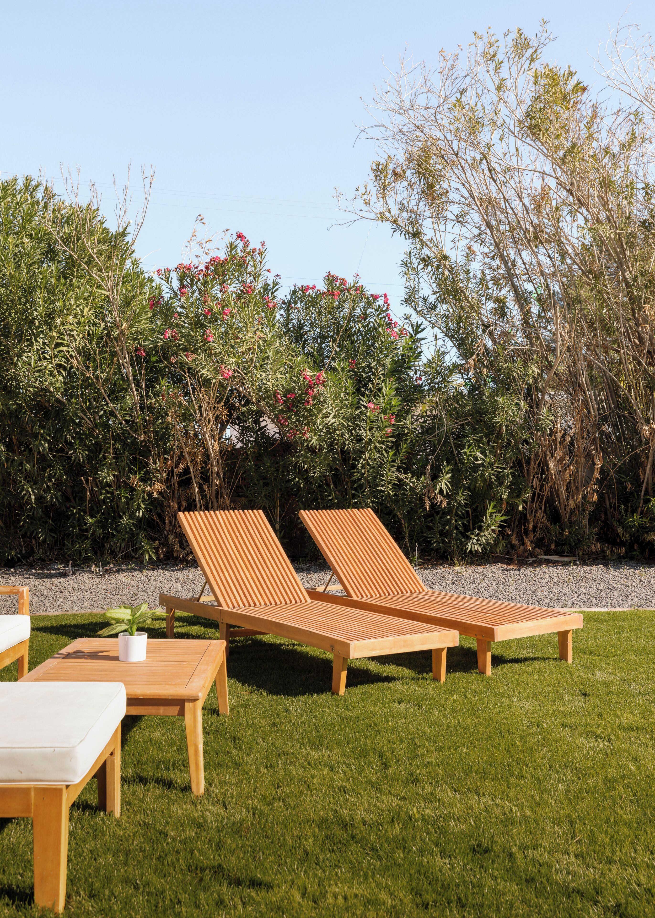 A garden with two wooden lounge chairs and a table, surrounded by greenery and flowering plants.