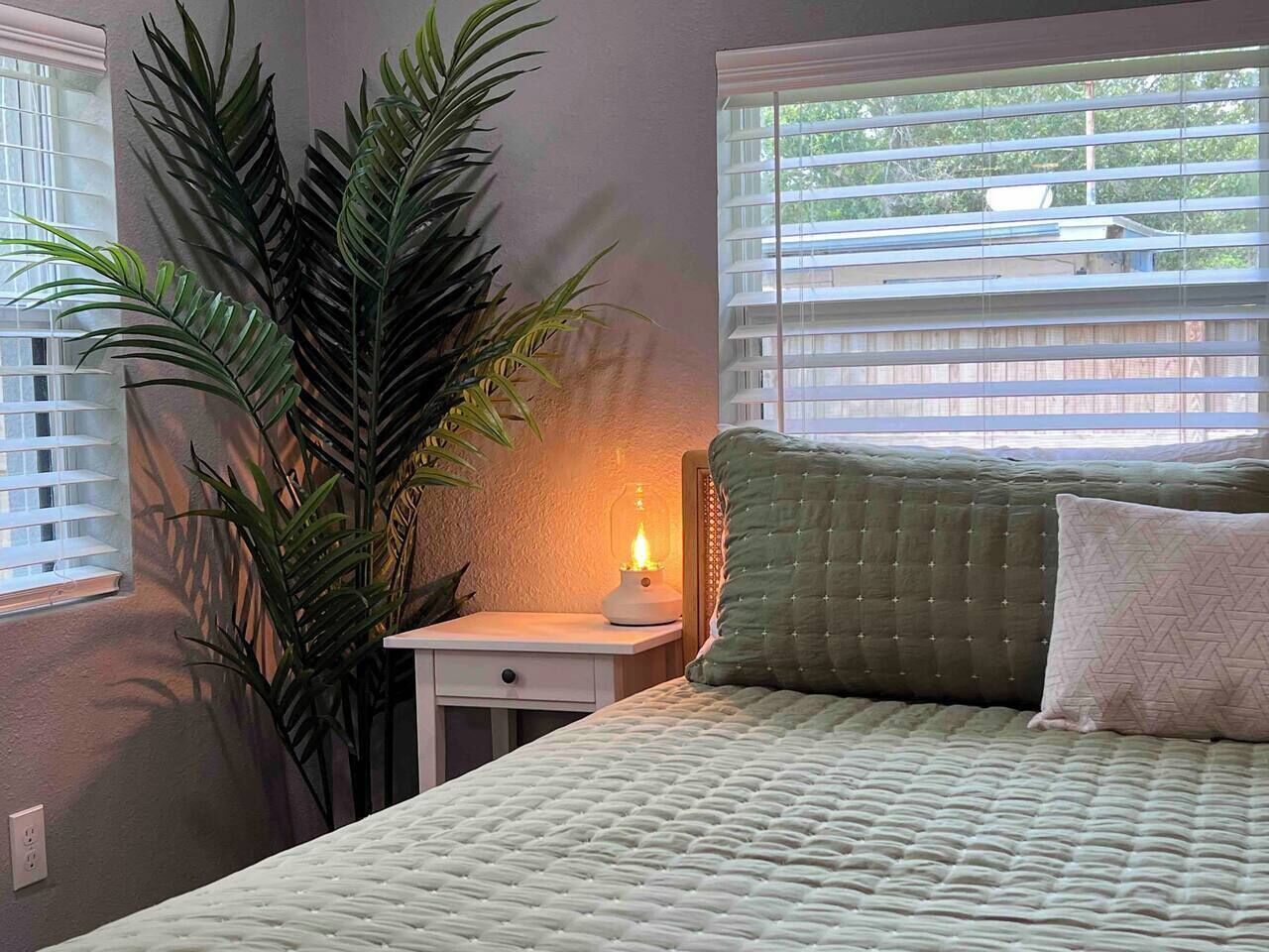 A bedroom with a bed, a nightstand, a lamp, and a large plant.
