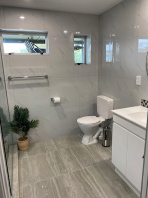 A bathroom with a toilet, sink, and a small window. - Whitianga downstairs flat with car & boat parking close to beach (Whitianga)
