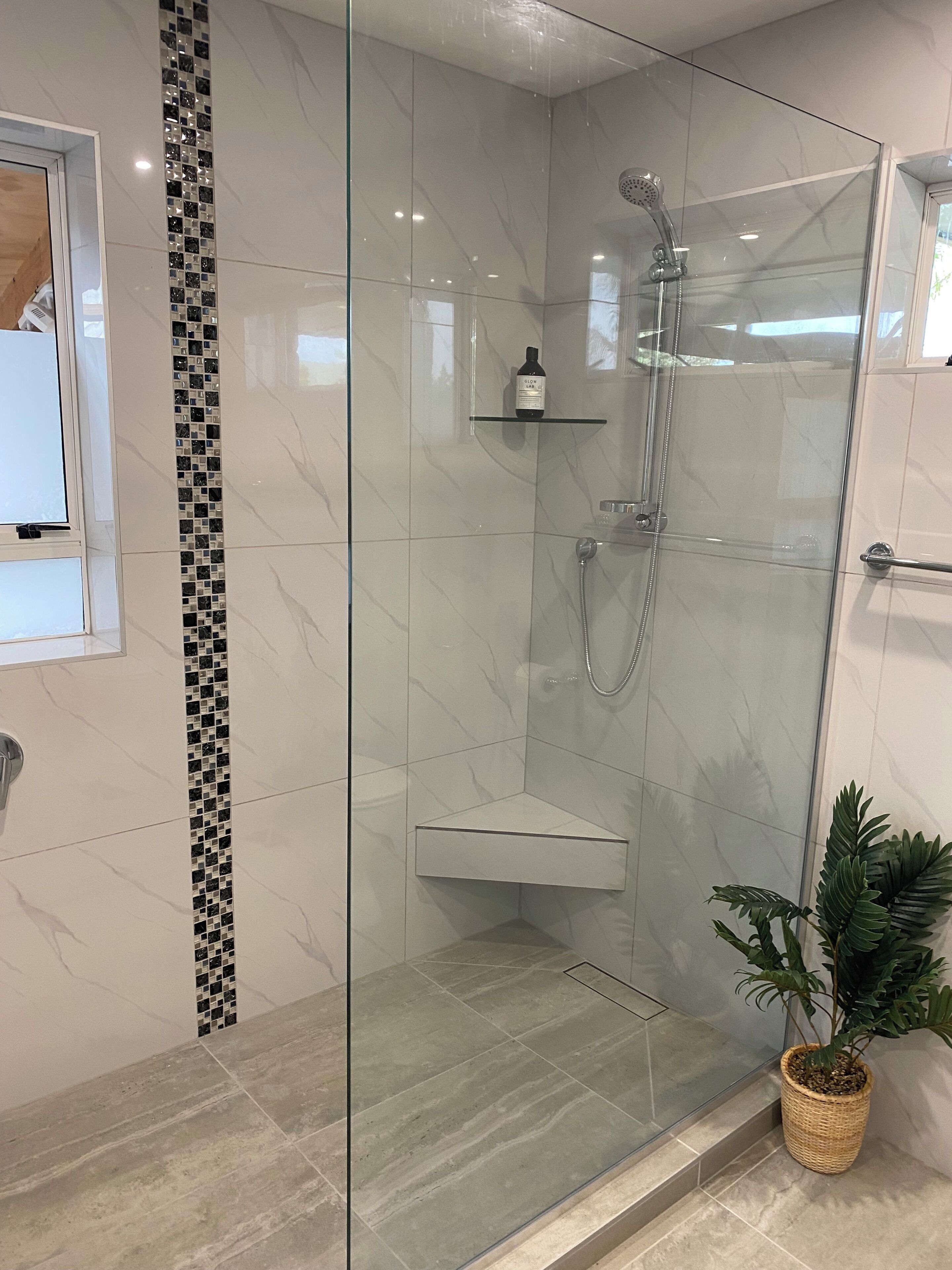 A modern bathroom with a glass-enclosed shower, a small shelf with toiletries, and a potted plant.