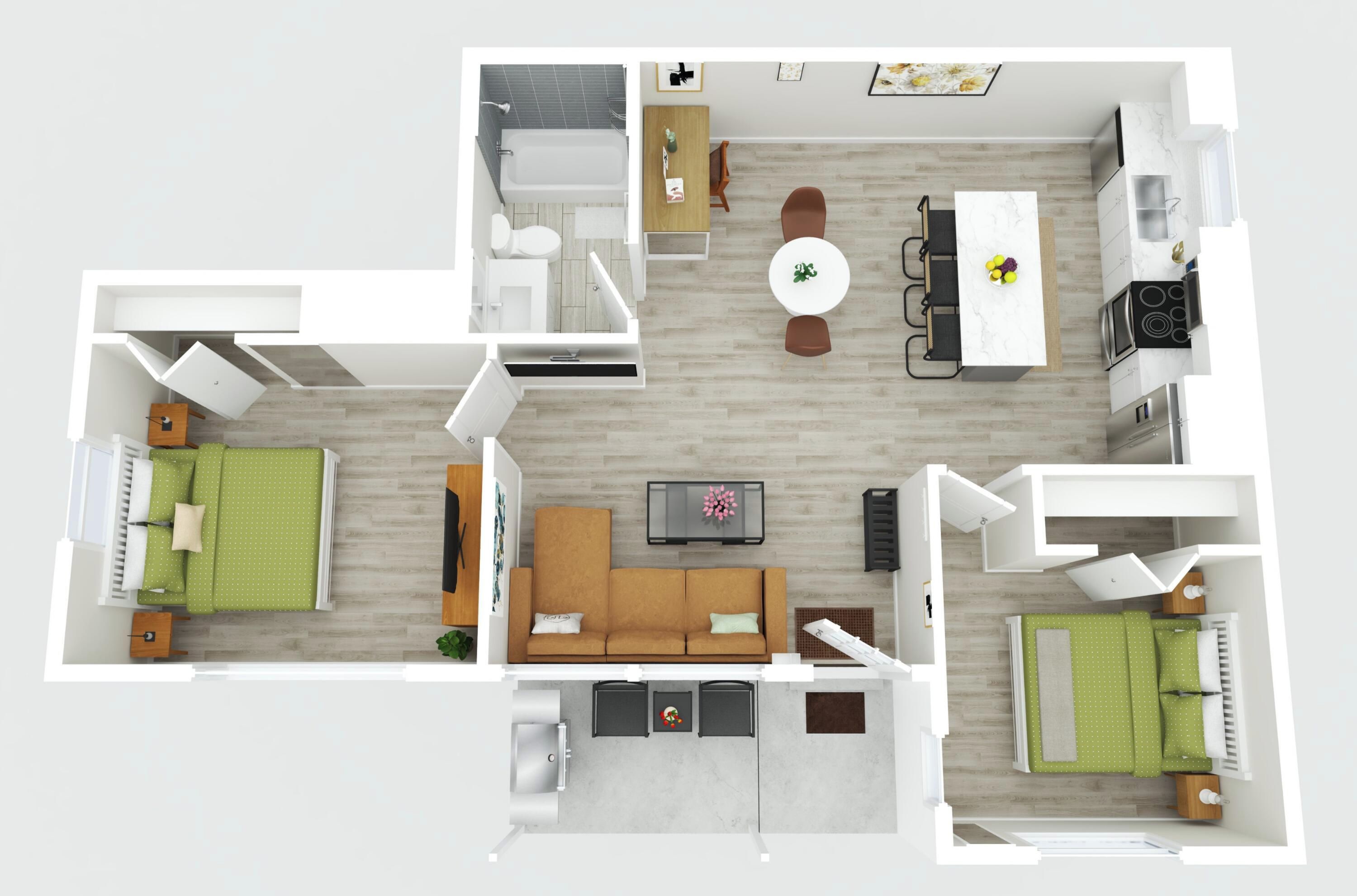 Planta baixa de um apartamento moderno com sala de estar, cozinha, área de jantar e dois quartos.
