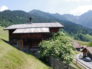 Ein rustikales Holzhäuschen mit geneigtem Dach, gelegen an einem Hügel mit Blick auf ein Tal und Berge im Hintergrund.