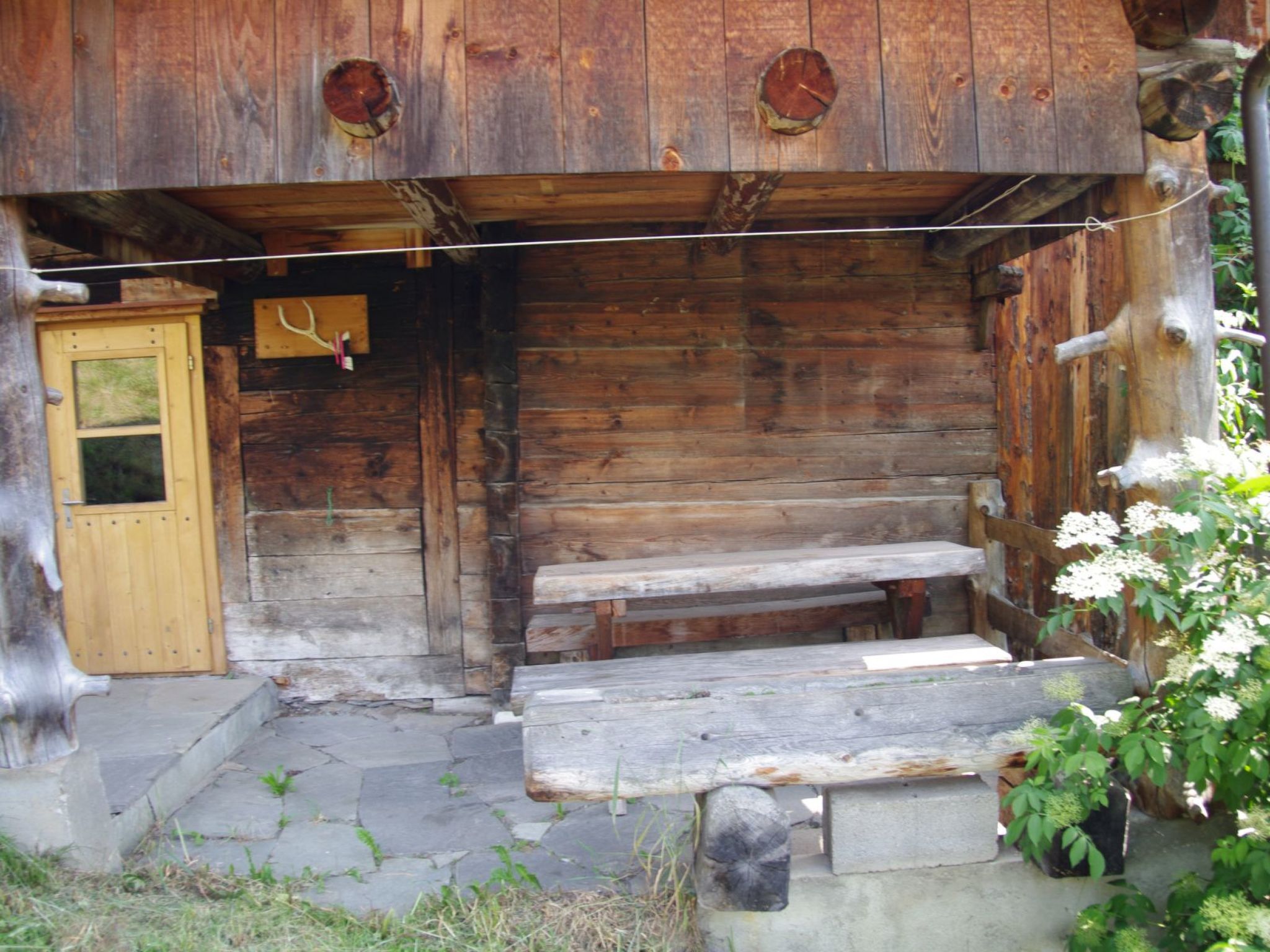 Una cabaña rústica de madera con puerta de madera, un banco afuera y un escalón pequeño que lleva a la entrada.