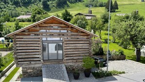 Eine Blockhütte mit Steinunterbau, einer Glastür und einem kleinen Garten mit Topfpflanzen.