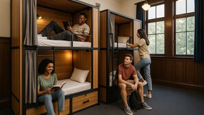 A dormitory room with bunk beds, a window with curtains, and a ceiling light fixture. - Temple Backpackers (Cairns)