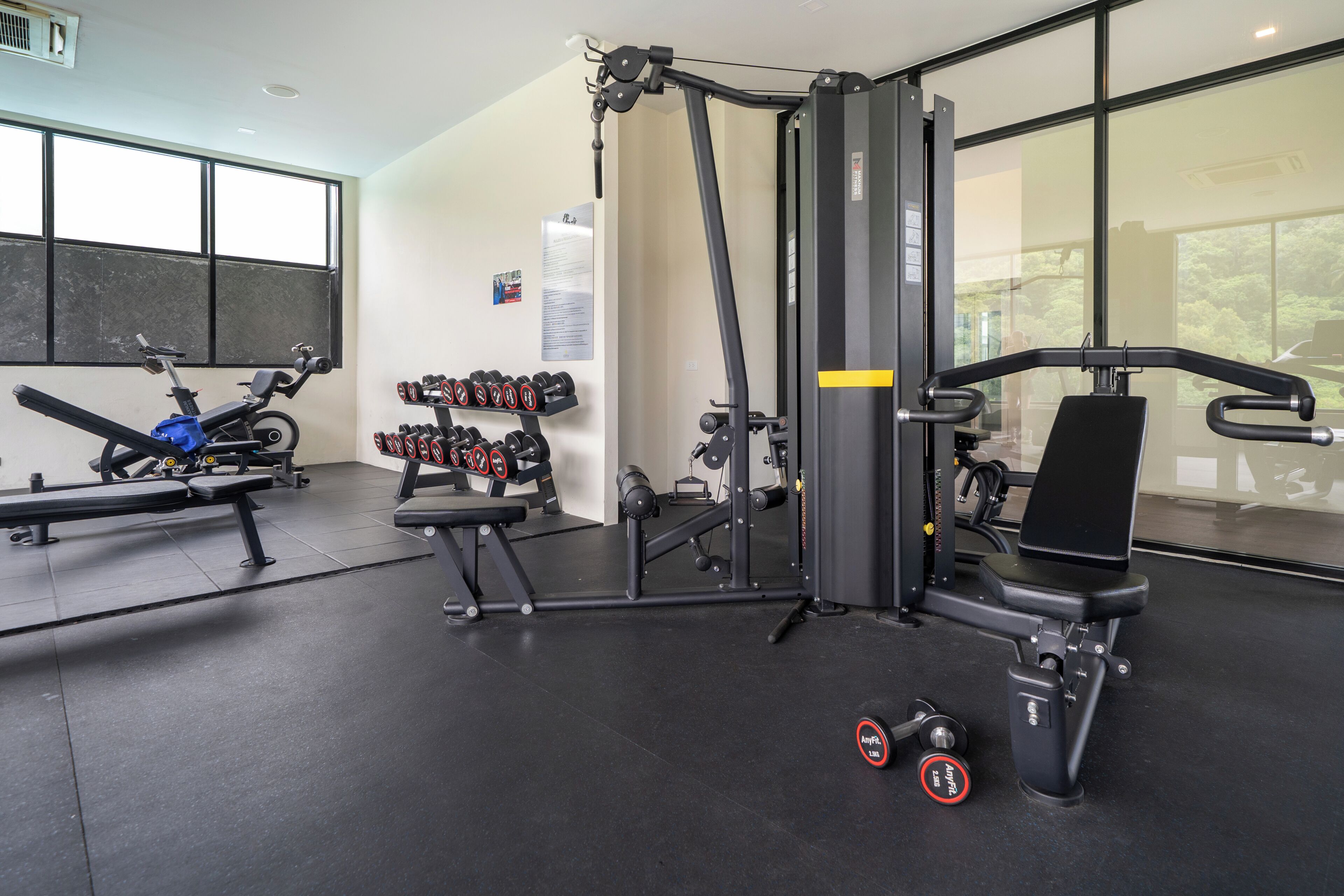 Un gimnasio con equipos de ejercicio variado, incluyendo una prensa de banca, mancuernas y una estructura para sentadillas.