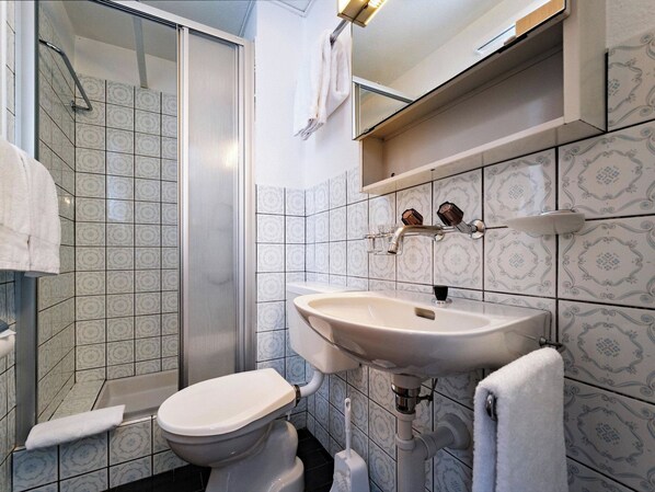 Un bagno con doccia, toilette, lavandino e porta asciugamani.