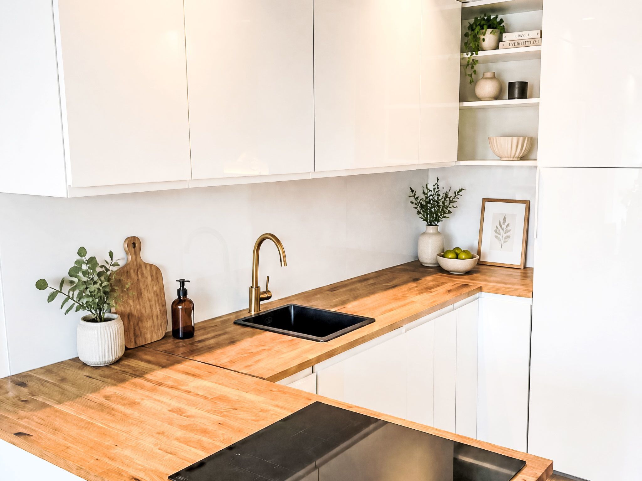 Eine moderne Küche mit weißen Schränken, einer Holz Arbeitsplatte, einer schwarzen Spüle und einem Edelstahl-Geschirrspüler.