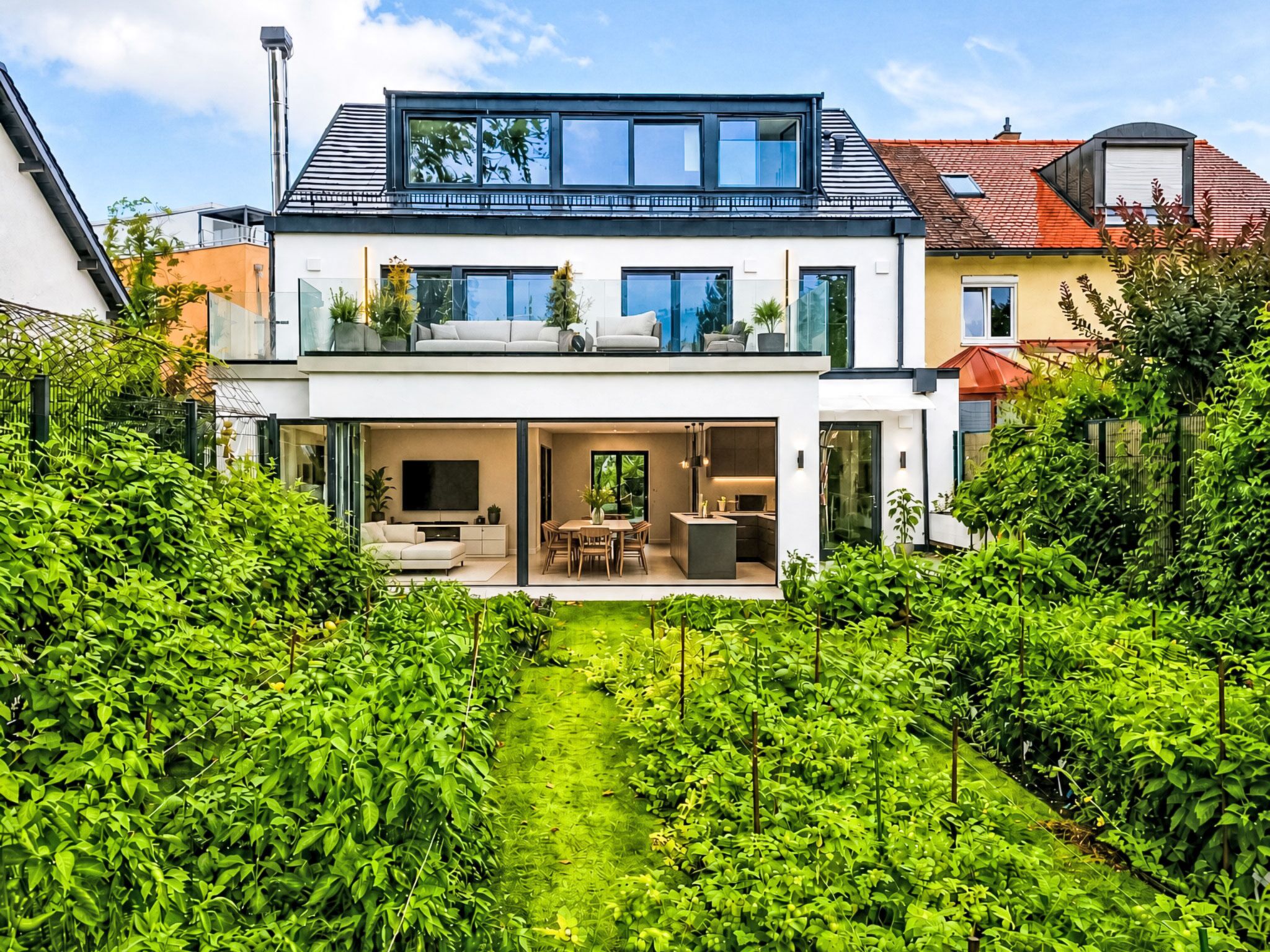 A modern two-story house with a large glass balcony, a well-maintained garden, and a visible outdoor seating area.