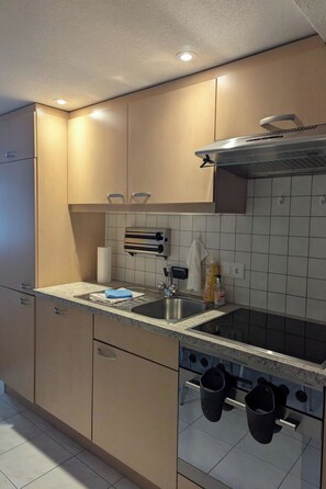 A modern kitchen with a stainless steel sink, a built-in oven, and a range hood. - Alpina Peaks Appartement/Fewo Appartement/Fewo by Interhome (Saas-Fee)
