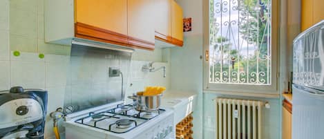 Cocina compacta con estufa a gas, cafetera y ventana con vistas a zonas verdes.