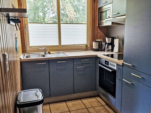 A compact kitchen with a sink, stove, and microwave. - Vacation home Nina by Interhome (Extertal)