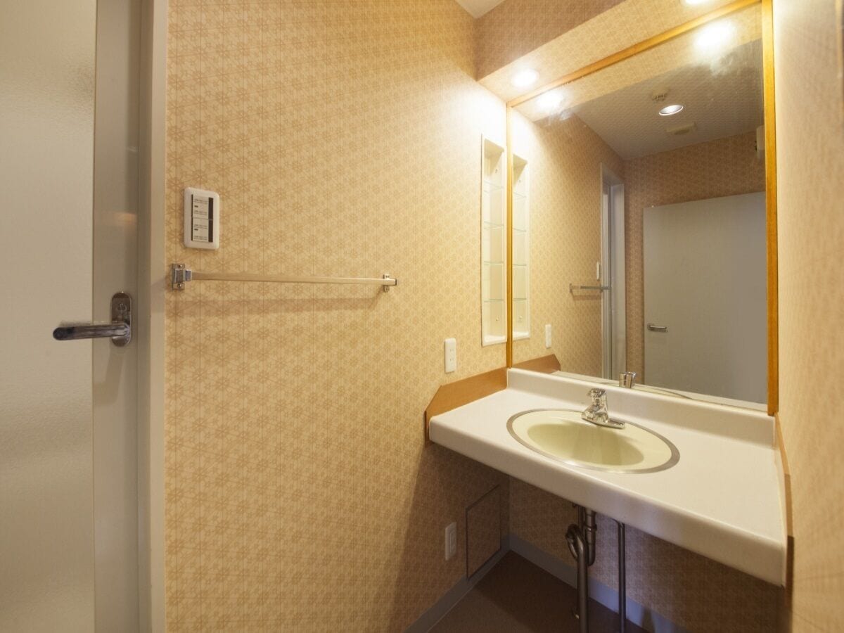 Un baño con lavamanos, espejo, toallero y una puerta.