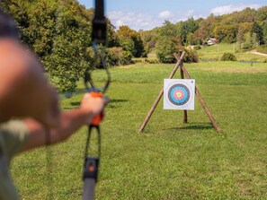 An outdoor archery target in a grassy field with trees in the background. - House Dobra vila by Interhome (Zadobarje)