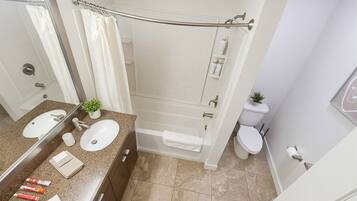 Hair dryer, towels, soap, toilet paper