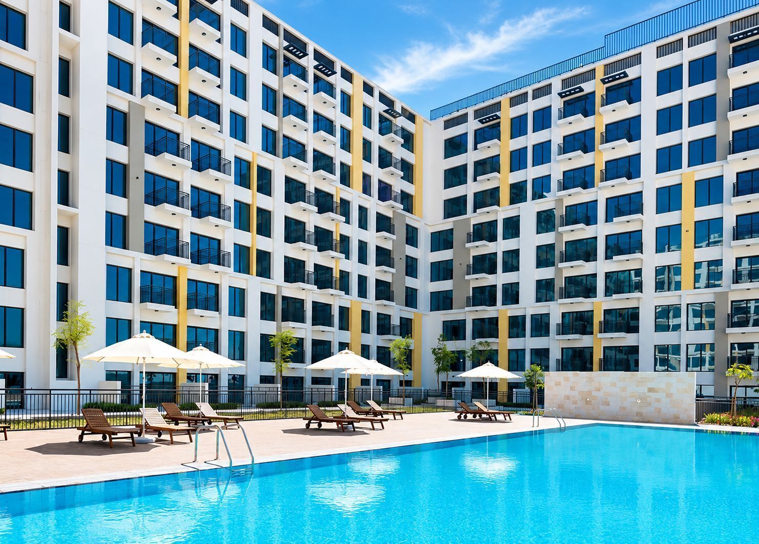 A modern hotel with a swimming pool, multiple balconies, and sun loungers.