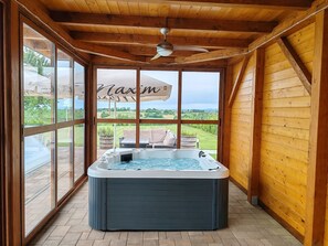 A hot tub in a wooden room with large windows and a view of the countryside. - House Blackberry Hill by Interhome (Kupinovac)