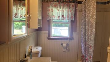 Hair dryer, towels, soap, toilet paper