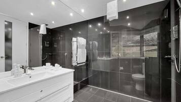 Hair dryer, towels, soap, shampoo