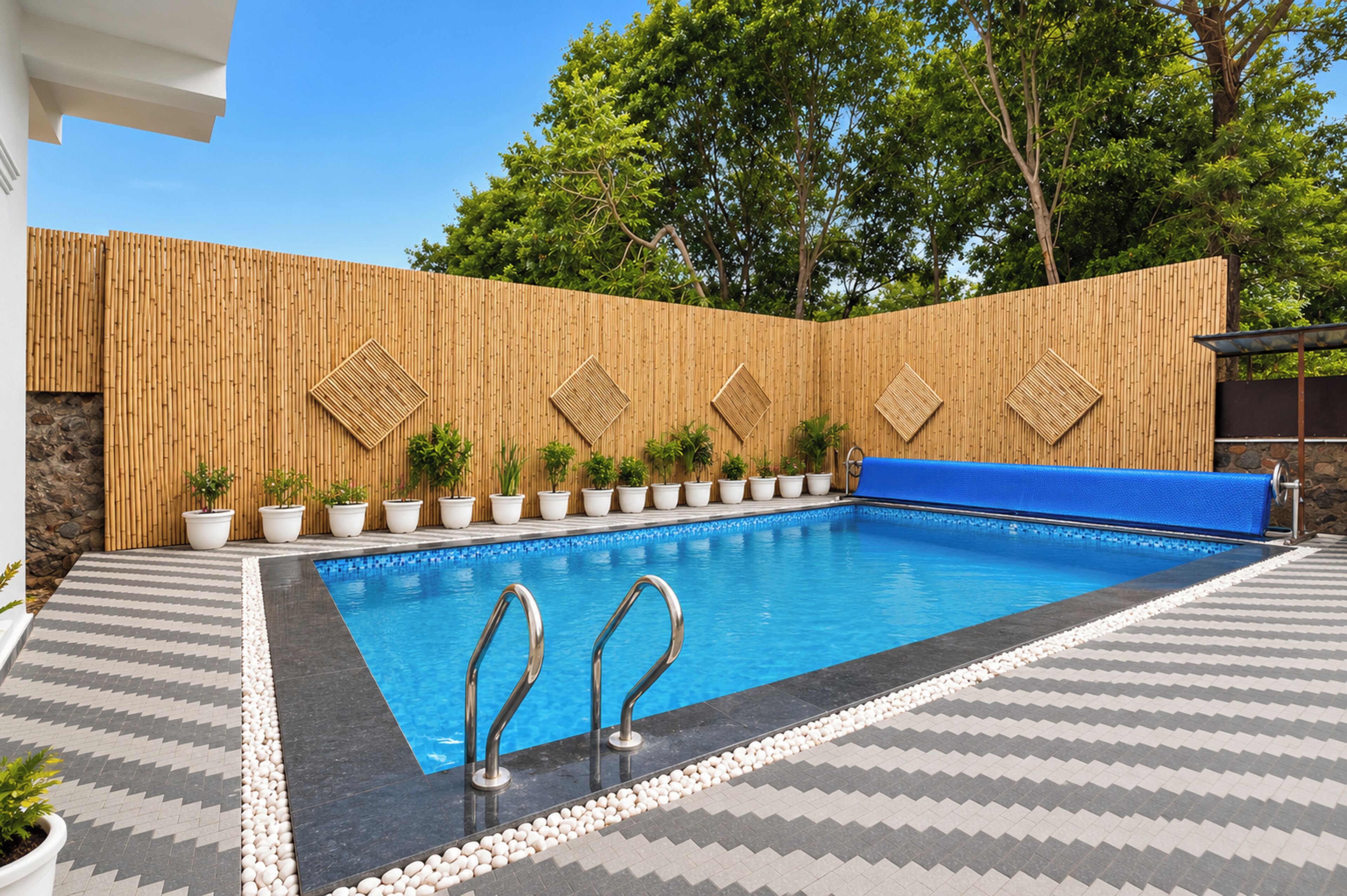 Une piscine bordée d’un mur en bambou, agrémentée de plantes en pot et dont le bord de la terrasse est de couleur bleue.