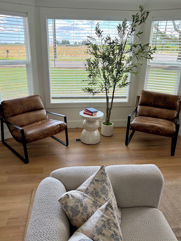A room with two leather armchairs, a white sofa with patterned cushions, a small round table with a potted plant, and large windows with blinds.