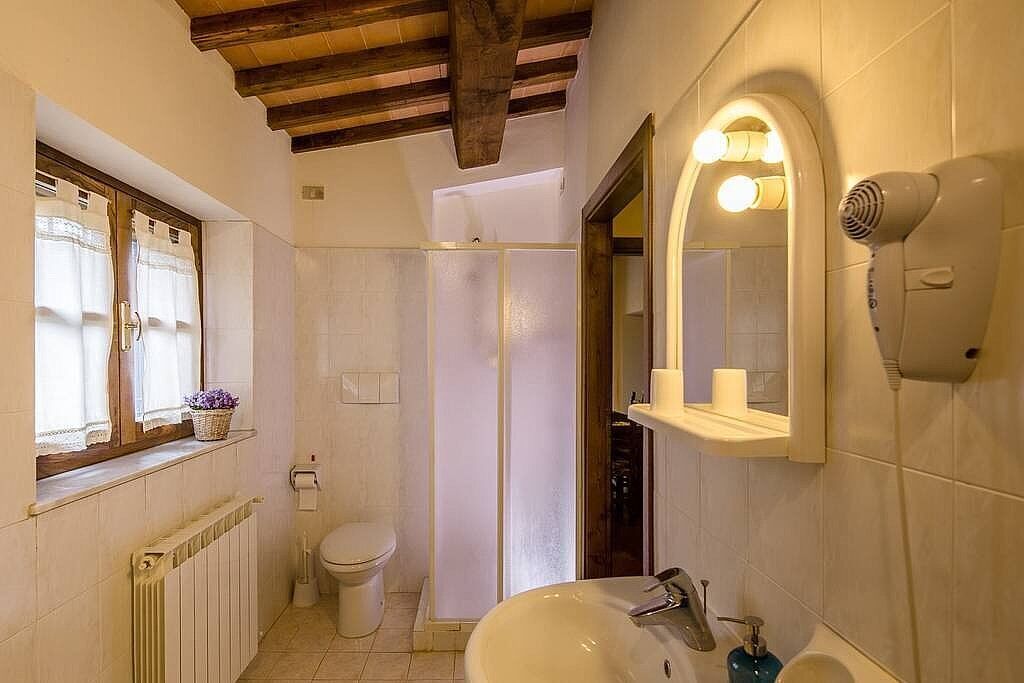 A bathroom with a toilet, a shower, a sink, and a hairdryer mounted on the wall.