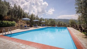 A rectangular swimming pool with a stone border, surrounded by lounge chairs and umbrellas, set against a backdrop of trees and hills. - Villa Angelisa Grande: A characteristic and welcoming three-story ancient tuscan country house surrounded by meadows and by green hills, with Free WI-FI. (Castiglion Fiorentino)