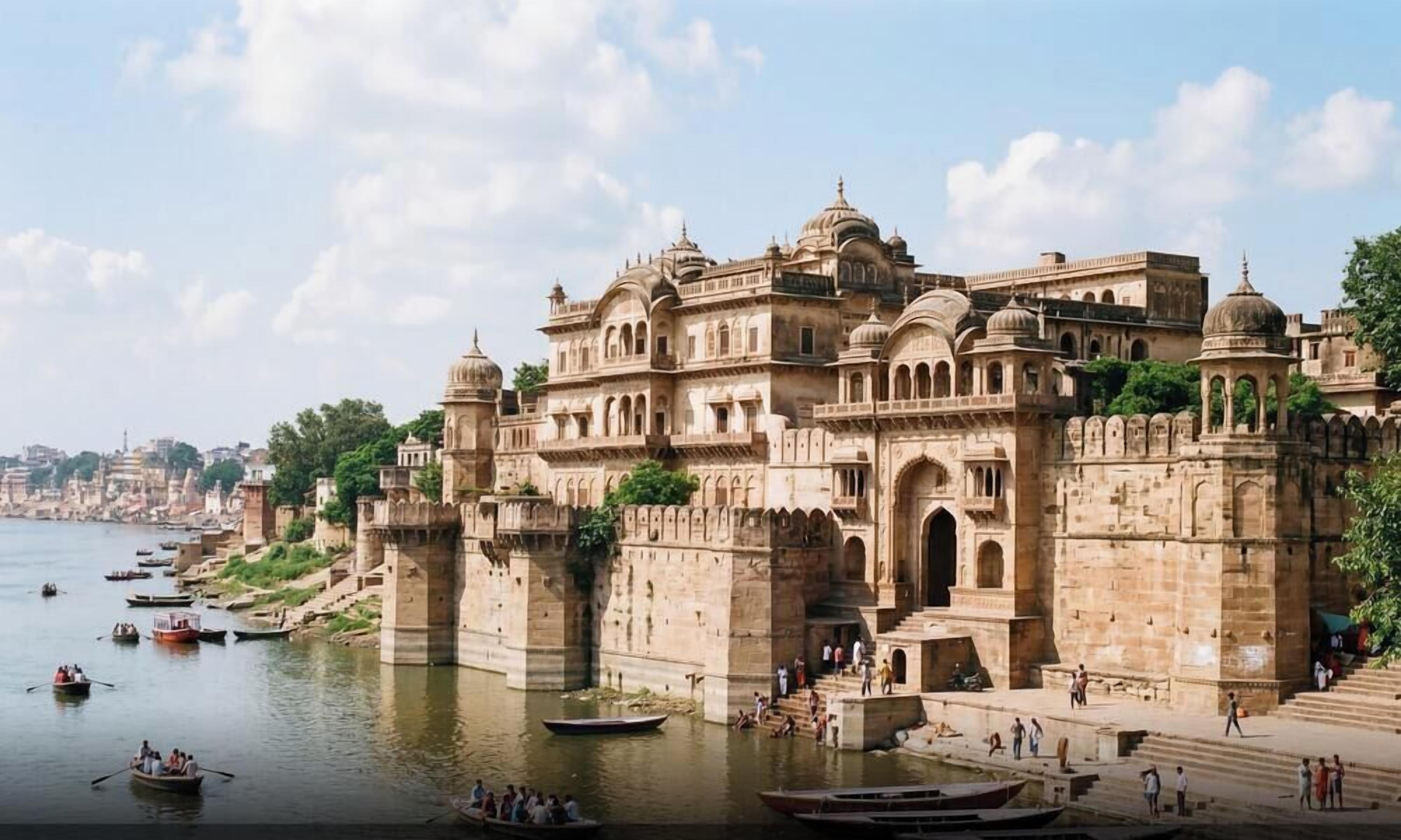 A historic building with multiple domes and arches, situated by a river with boats.