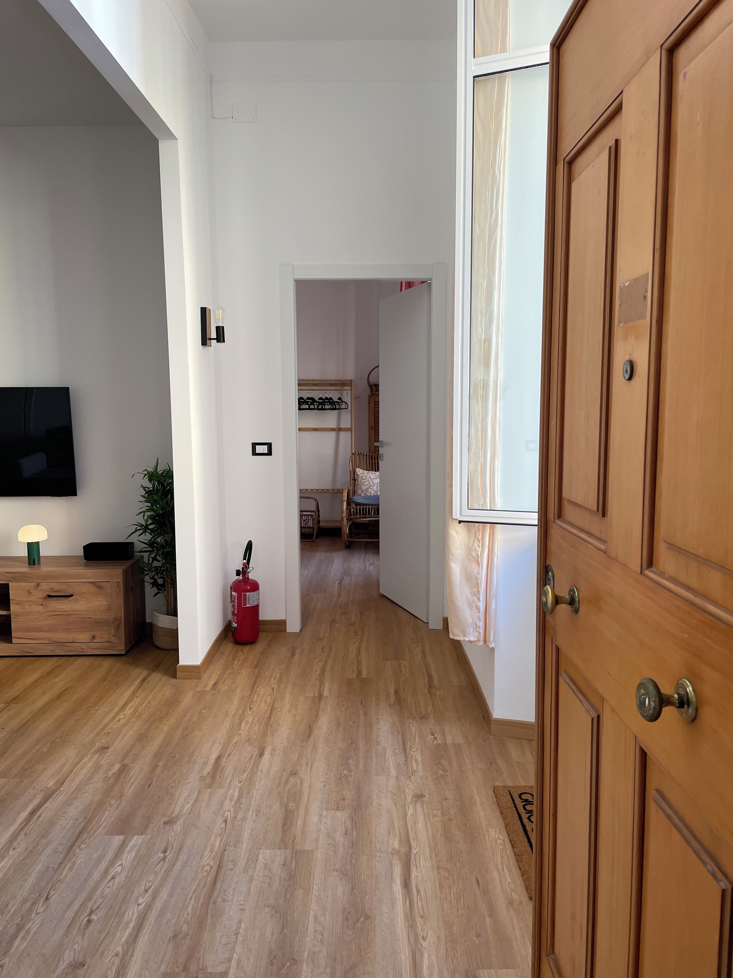 A hallway with a wooden floor, a fire extinguisher, a plant, and a television on a wooden cabinet.